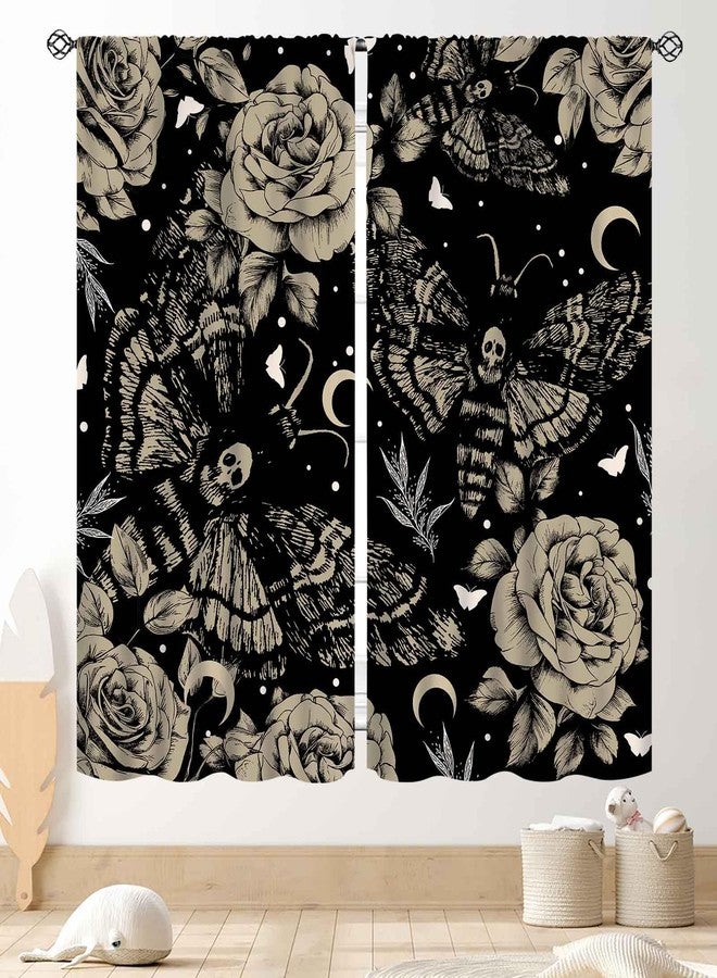 TKUYO Goth Curtains for Bedroom, Spooky Moody Dead Moth Black Floral Witchy Gothic Mysterious Butterfly Skull Trippy Aesthetics Art Print Gray Window Drapery for Bedroom Living Room 2 Panels, 42"x45" Inch - Image 1